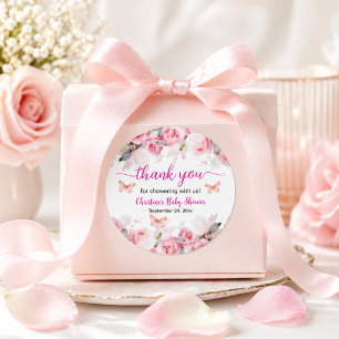 Pegatina Redonda Gracias Baby Shower de Rosas Rosadas