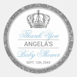 Pegatina Redonda Gracias Baby Shower de Silver Blue Prince Crown