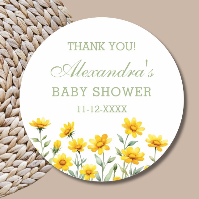 Pegatina Redonda Gracias Baby Shower de Yellow Boho Wildflower (Subido por el creador)