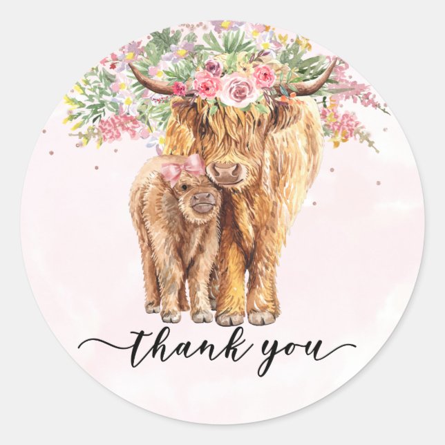 Pegatina Redonda Gracias Baby Shower Highland Cow Pink (Anverso)
