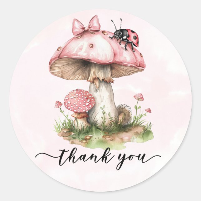 Pegatina Redonda Gracias Baby Shower Ladybug Mushroom (Anverso)
