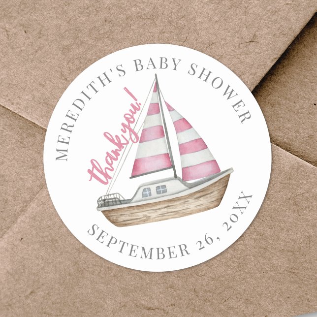 Pegatina Redonda Gracias Baby Shower Náutico Rosa (Thank You Pink Nautical Baby Shower Classic Round Sticker)