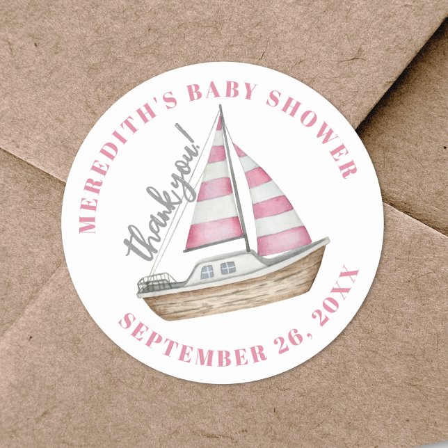 Pegatina Redonda Gracias Baby Shower Náutico Rosa (Thank You Pink Nautical Baby Shower Classic Round Sticker )