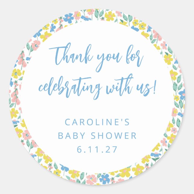 Pegatina Redonda Gracias Baby Shower, Personalizado floral Boho Yel (Anverso)