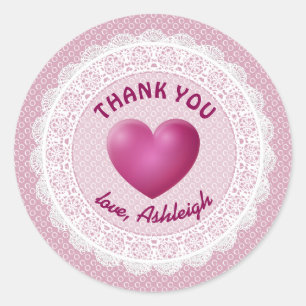 Pegatina Redonda Gracias Baby Shower Pink Heart and Lace A04