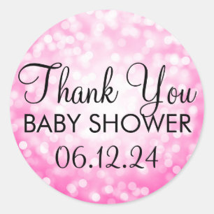 Pegatina Redonda Gracias Baby Shower Pink Purpurina Lights