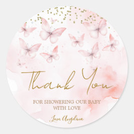 Pegatina Redonda Gracias Baby Shower por mariposa rosa