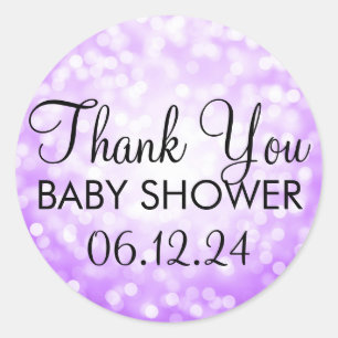 Pegatina Redonda Gracias Baby Shower Purple Purpurina Lights