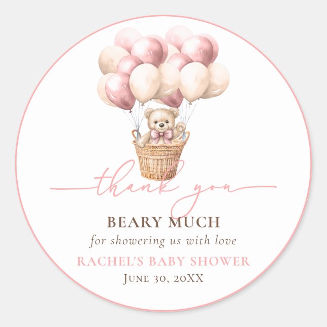 Pegatina Redonda Gracias Baby Shower Rosa De Teddy Bear Balloon (Anverso)