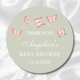 Pegatina Redonda Gracias Baby Shower Sage Green Pink Butfly