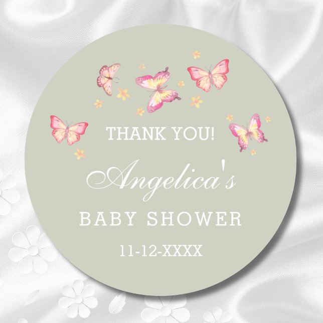 Pegatina Redonda Gracias Baby Shower Sage Green Pink Butfly (Subido por el creador)