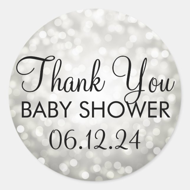 Pegatina Redonda Gracias Baby Shower Silver Purpurina Lights (Anverso)