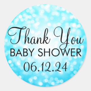 Pegatina Redonda Gracias Baby Shower Turquoise Purpurina Lights