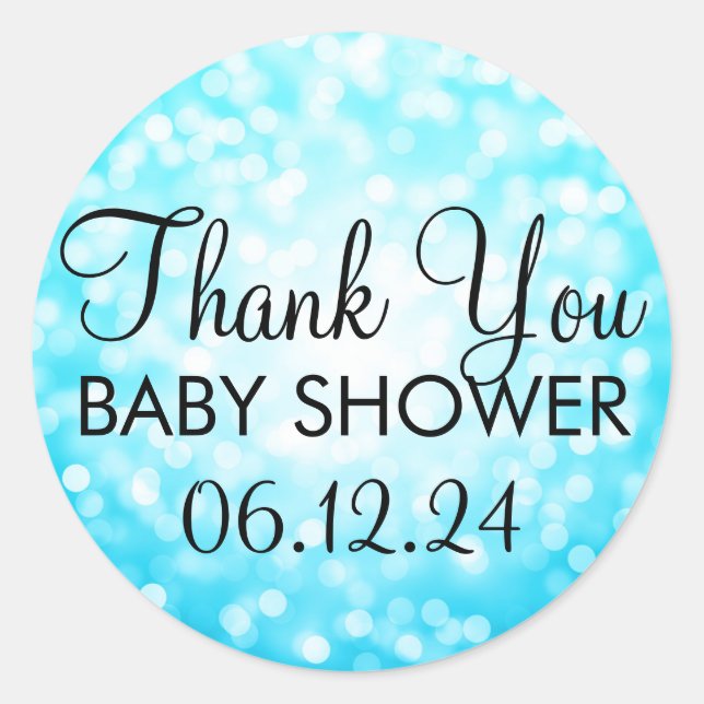 Pegatina Redonda Gracias Baby Shower Turquoise Purpurina Lights (Anverso)