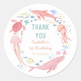 Pegatina Redonda Gracias Bajo El Mar Primer Cumpleaños