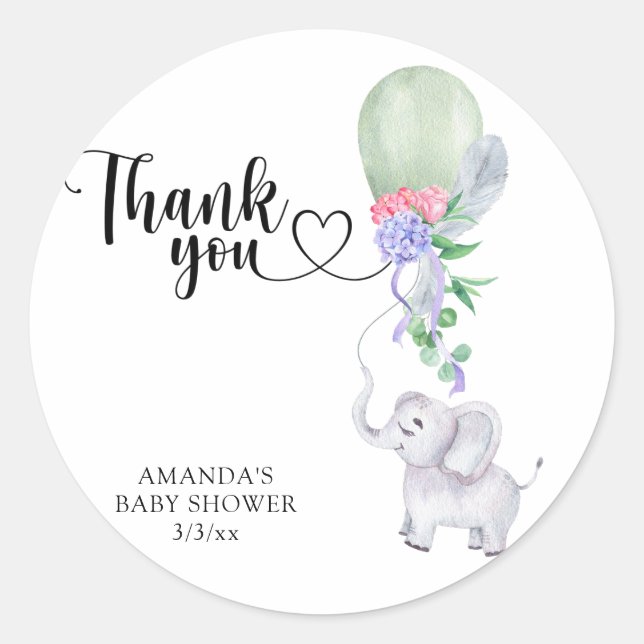 Pegatina Redonda Gracias Balloon y Elephant (Anverso)