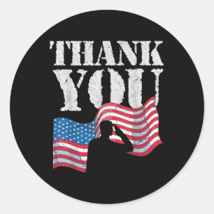Pegatina Redonda Gracias Bandera Estadounidense Soldado Patriótico 