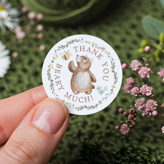 Pegatina Redonda Gracias Beary, Floral De Oso De Woodland De Punto (Thank You Beary Much Knitted Woodland Bear Floral Classic Round Sticker)