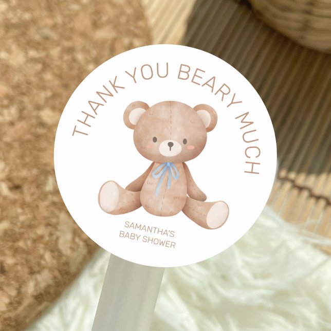 Pegatina Redonda Gracias Beary Many Teddy Bear Boy Baby Shower (thank you beary much)