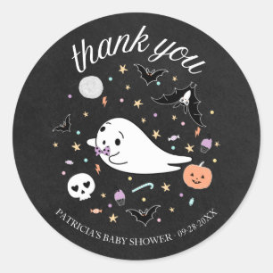 Pegatina Redonda Gracias bebé fantasma Halloween Boy Baby Shower