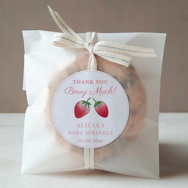 Pegatina Redonda Gracias Berry Mucha fresa Favor Rosa Rojo (Thank You Berry Much Watercolor Strawberries Baby or Bridal Shower or Birthday Favor Stickers)