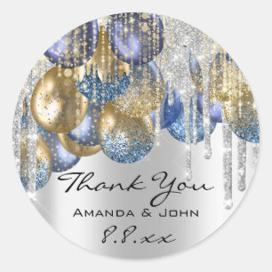 Pegatina Redonda Gracias BirthdaWedding Ballon Blue Navy DripSilver
