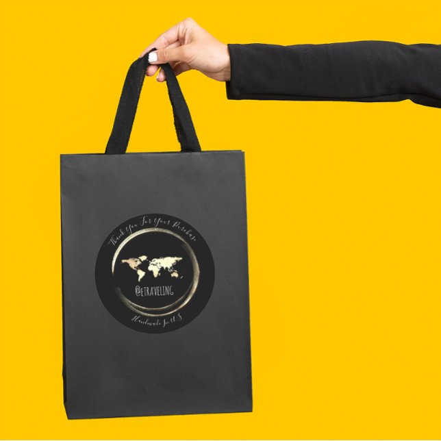 Pegatina Redonda Gracias Black Gold World Map Travelling Globe (Thank You Black Gold World Map Traveling Globe Classic Round Sticker)