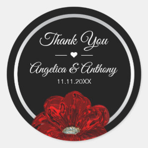 Pegatina Redonda Gracias Black Silver Red Rose Boda Seals