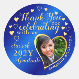 Pegatina Redonda Gracias Blue & Gold 2025 Fiesta Graduation Favor
