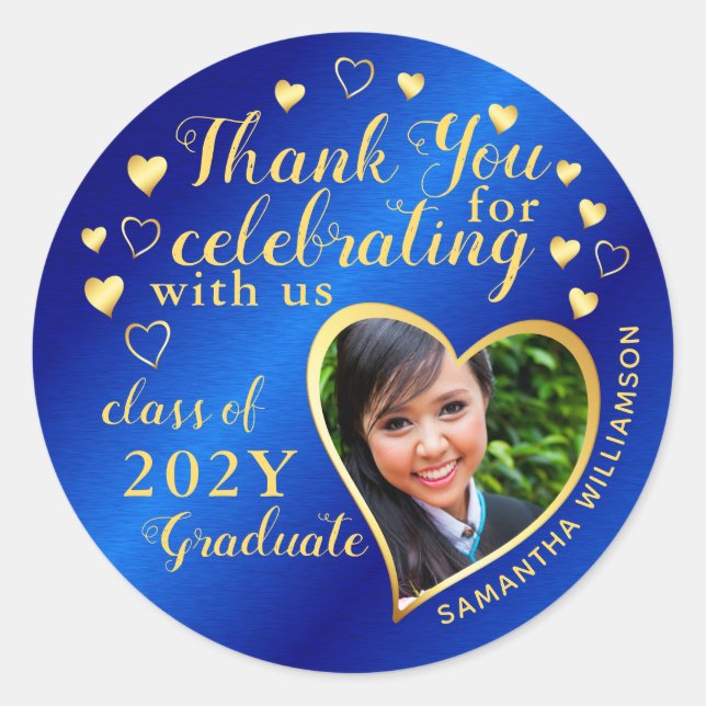 Pegatina Redonda Gracias Blue & Gold 2025 Fiesta Graduation Favor (Anverso)