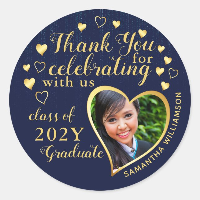 Pegatina Redonda Gracias Blue & Gold 2025 Graduation Party Favor (Anverso)