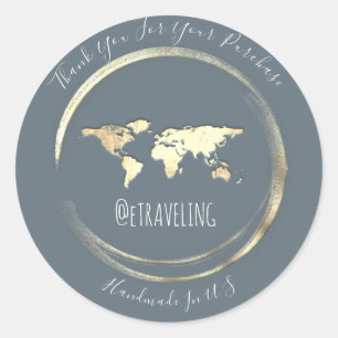 Pegatina Redonda Gracias Blue Gold World Map Travelling Globe