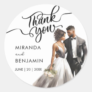 Pegatina Redonda Gracias Boda Black Bride Groom Watercolor