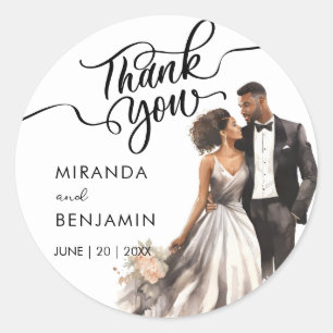 Pegatina Redonda Gracias Boda Black Bride Groom Watercolor