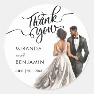 Pegatina Redonda Gracias Boda Black Bride Groom Watercolor