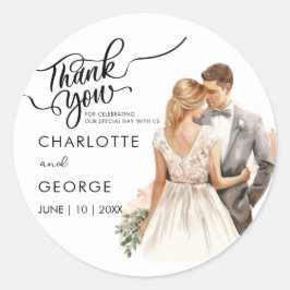 Pegatina Redonda Gracias Boda Bride Groom Back Watercolor