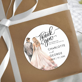 Pegatina Redonda Gracias Boda Bride Groom Back Watercolor