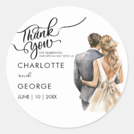 Pegatina Redonda Gracias Boda Bride Groom Back Watercolor Clas