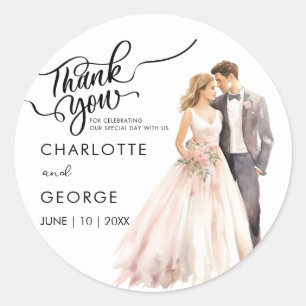 Pegatina Redonda Gracias Boda Bride Groom Back Watercolor Clas
