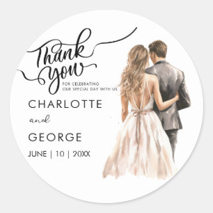 Pegatina Redonda Gracias Boda Bride Groom Back Watercolor Clas