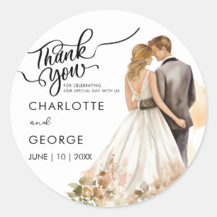 Pegatina Redonda Gracias Boda Bride Groom Back Watercolor Clas