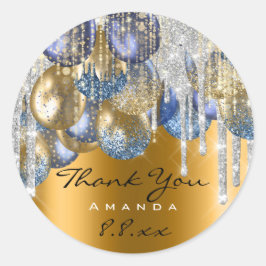 Pegatina Redonda Gracias Boda Cumpleaños Ballons Blue Drips Gold