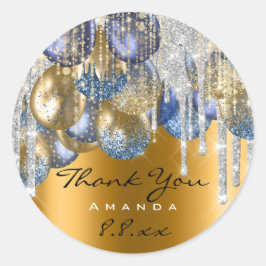Pegatina Redonda Gracias Boda Cumpleaños Ballons Blue Drips Gold