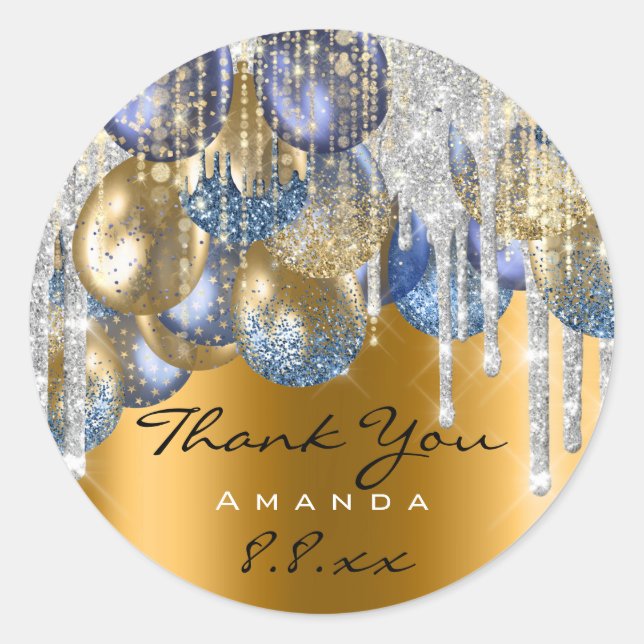 Pegatina Redonda Gracias Boda Cumpleaños Ballons Blue Drips Gold (Anverso)