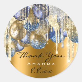 Pegatina Redonda Gracias Boda Cumpleaños Ballons Blue Drips Gold Vi