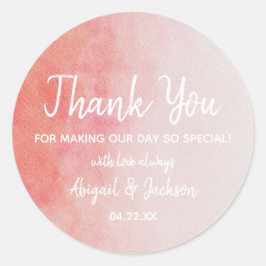 Pegatina Redonda Gracias Boda de acuarela rosa y rosa de Rubor