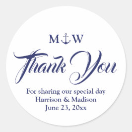 Pegatina Redonda Gracias boda de ancla náutica azul marino