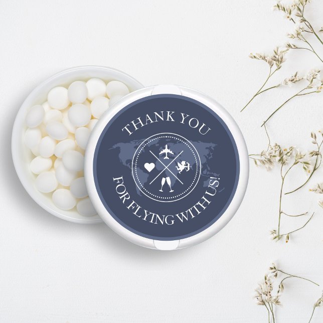 Pegatina Redonda Gracias Boda de viajes Mapa Mundial de la Marina A (Thank you wedding stickers, travel themed, perfect for mints as a wedding favors)