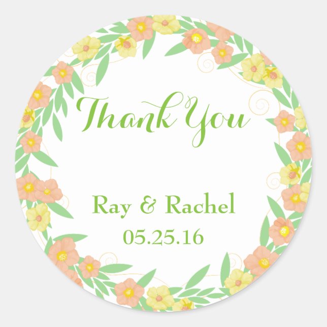 Pegatina Redonda Gracias Boda Floral (Anverso)