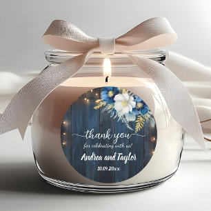 Pegatina Redonda Gracias Boda Floral Blanca de Madera Azul Rústico